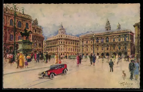 Künstler-AK Genova, Piazza De Ferrari con monumento e auto d`epoca