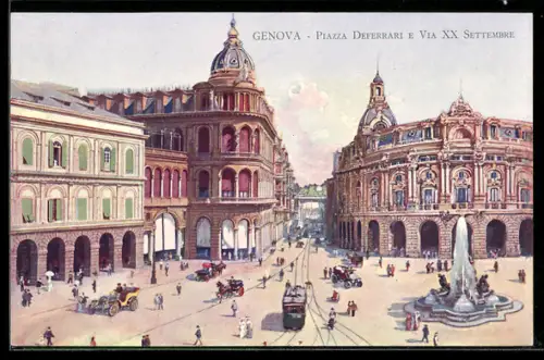 Künstler-AK Genova, Piazza De Ferrari e Via XX Settembre con tram e fontana