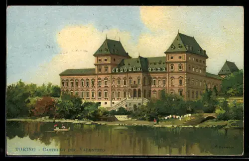 Künstler-AK Torino, Castello del Valentino e fiume in primo piano