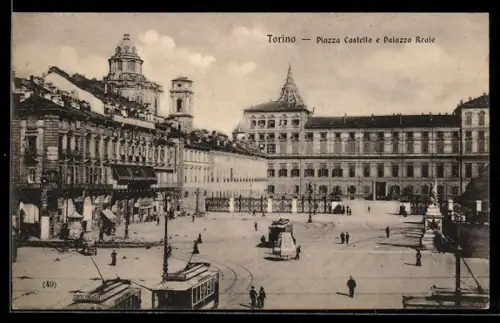 AK Torino, Piazza Castello e Palazzo Reale con tram in primo piano