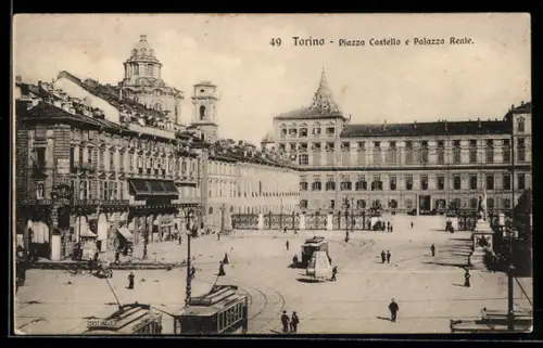 AK Torino, Piazza Castello e Palazzo Reale con tram storici