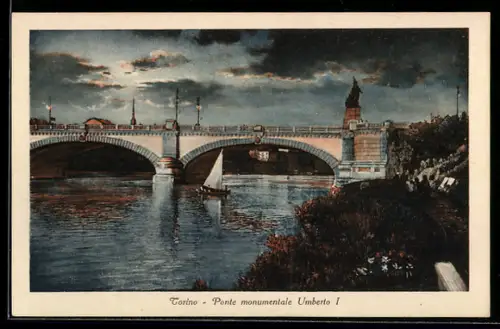 AK Torino, Ponte monumentale Umberto I al tramonto con barca a vela sul fiume