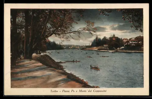 AK Torino, Fiume Po e Monte dei Cappuccini con barche sul fiume