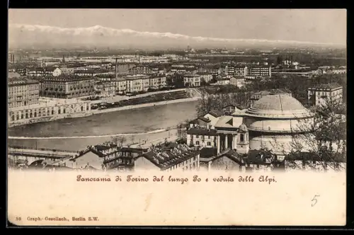 AK Torino, Panorama dal lungo Po e veduta delle Alpi