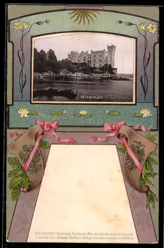 AK Triest, Miramar, Il Castello di Miramare sulla costa con giardini fioriti