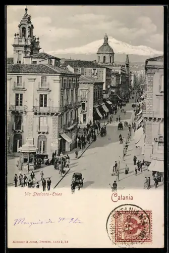 AK Catania, Via Stesicoro-Etnea con vista sull`Etna e traffico cittadino animato
