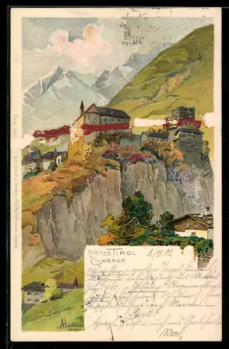 Lithographie Meran, Blick zum Schloss Tirol
