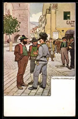 Künstler-AK Meran, Pfarrplatz mit Gasthof