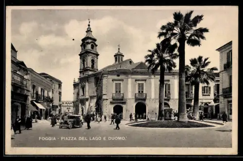 AK Foggia, Piazza del Lago e Duomo, con palme e passanti