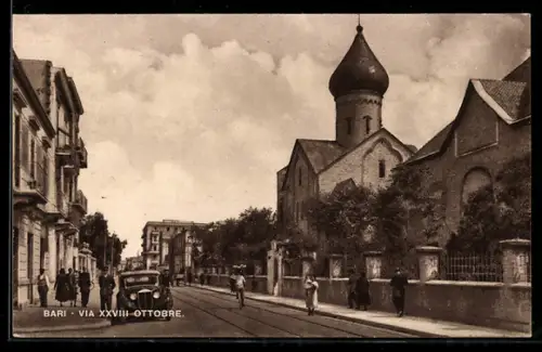 AK Bari, Via XXVIII Ottobre con chiesa e automobili storiche