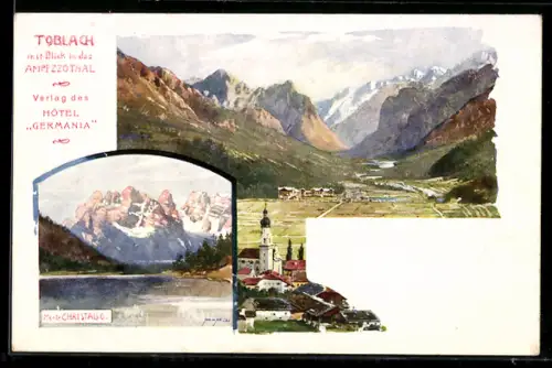 AK Toblach, Vista sull`Ampezzothal e il paese con chiesa e montagne sullo sfondo