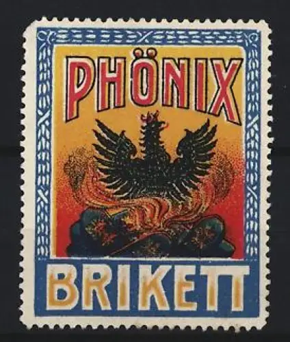 Reklamemarke Phönix Brikett, Phönix auf Kohlehaufen
