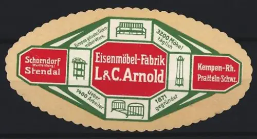 Reklamemarke Schorndorf, Eisenmöbel-Fabrik L. & C. Arnold, Möbelproduktion, 1871 gegründet