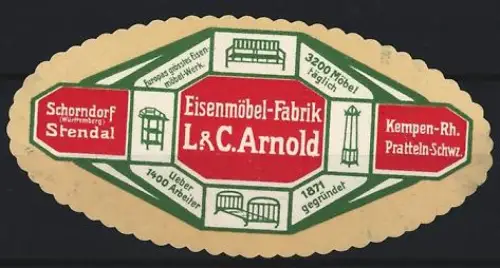 Reklamemarke Schorndorf, Eisenmöbel-Fabrik L. & C. Arnold, Möbelproduktion 1871 gegründet