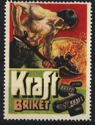 Reklamemarke Kraft Briket, Arbeiter mit Schaufel vor Feuer