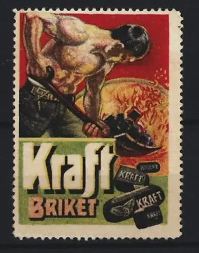 Reklamemarke Kraft Briket, Arbeiter mit Schaufel und Kohlebriketts