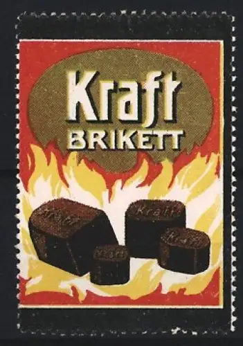 Reklamemarke Kraft Brikett, Flammen und Brikettsymbol
