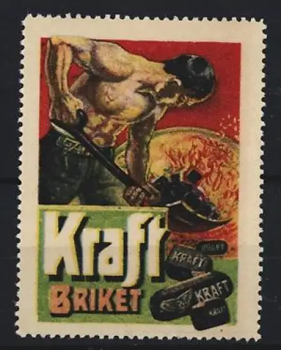 Reklamemarke Kraft Briket, Heizer mit Schaufel und Briketts