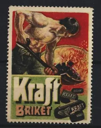 Reklamemarke Kraft Briket, Arbeiter mit Schaufel vor Feuer