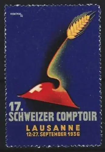 Reklamemarke Lausanne, 17. Schweizer Comptoir 1936, Helm mit Weizenähre