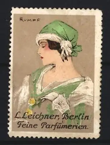 Künstler-Reklamemarke Berlin, L. Leichner Feine Parfümerien, elegante Dame, Künstler: F. Rumpf