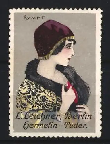 Künstler-Reklamemarke Berlin, L. Leichner Hermelin-Puder, Dame mit Pelzmantel, Künstler: F. Rumpf