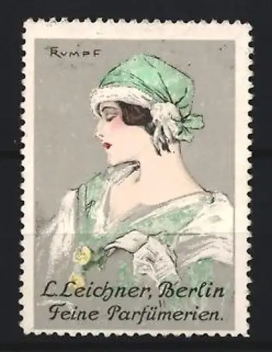 Künstler-Reklamemarke Berlin, L. Leichner Feine Parfümerien, elegante Frau, Künstler: F. Rumpf