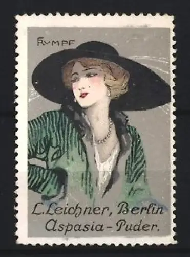Künstler-Reklamemarke Berlin, Aspasia-Puder, Elegante Dame mit Hut, Künstler: F. Rumpf