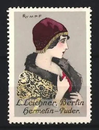 Künstler-Reklamemarke Berlin, L. Leichner Hermelin-Puder, elegante Frau mit rotem Hut, Künstler: F. Rumpf