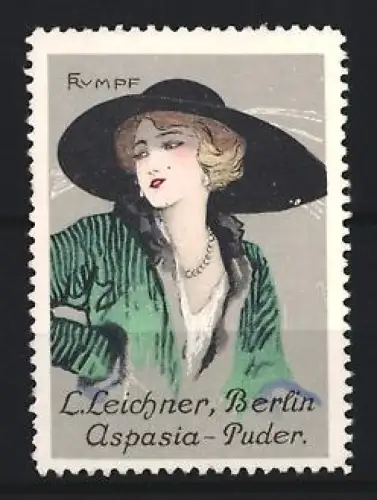 Künstler-Reklamemarke Berlin, L. Leichner Aspasia-Puder, Frau mit Hut, Künstler: F. Rumpf