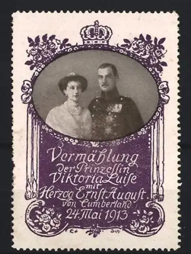 Reklamemarke Vermählung Prinzessin Viktoria Luise und Herzog Ernst August von Cumberland 1913, Krone und Blumen