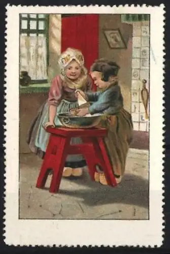 Reklamemarke Holländische Kinder in Trachten beim Spielen