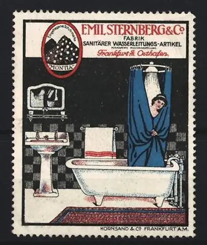 Reklamemarke Frankfurt, Emil Sternberg & Co, Fabrik für sanitäre Wasserleitungsartikel, Badezimmer-Szene