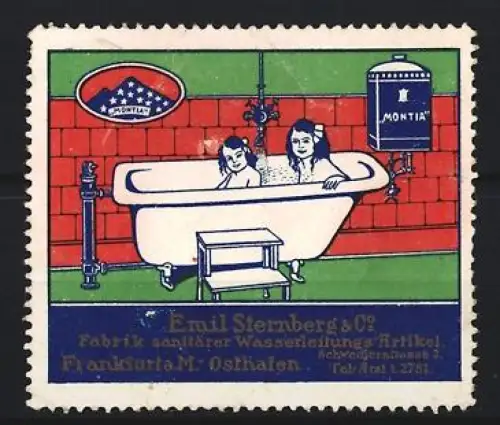 Reklamemarke Frankfurt a. M., Emil Sternberg & Co, Fabrik für sanitäre Wasserleitungsartikel, Badewanne mit Kindern