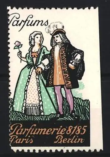 Reklamemarke Paris & Berlin, Parfumerie 8185, Parfüms und Schönheitsartikel, elegantes Paar mit Rose
