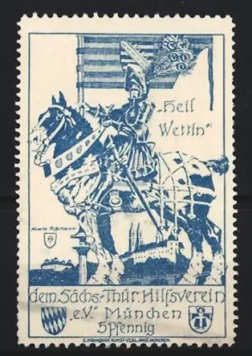 Reklamemarke München, Sächs.-Thür. Hilfsverein e.V., Ritter auf Pferd