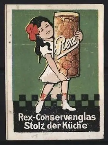 Reklamemarke Rex-Conservenglas, Mädchen mit Konservenglas