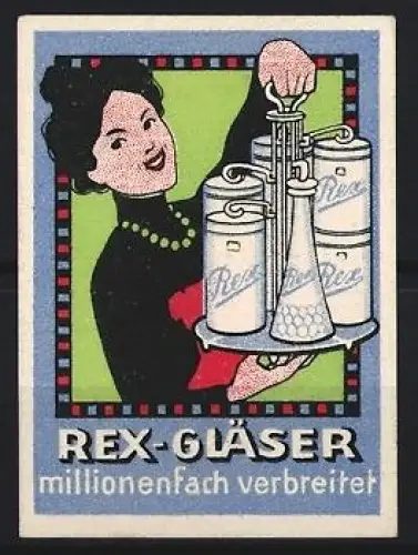 Reklamemarke Rex-Konservengläser, Frau mit Gläserträger