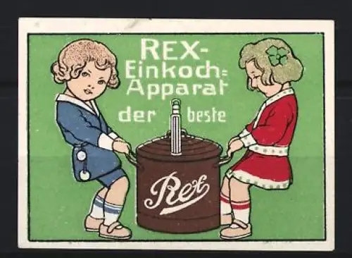 Reklamemarke REX-Einkoch-Apparat, Kinder mit Einkochapparat