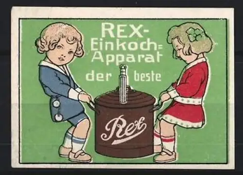 Reklamemarke REX-Einkoch-Apparat, Kinder mit Einkochgerät