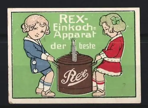 Reklamemarke Rex Einkoch-Apparat, Kinder mit Einkochapparat