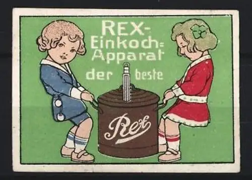 Reklamemarke REX-Einkoch-Apparat, Kinder mit Einkoch-Apparat