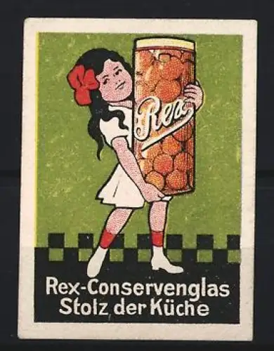 Reklamemarke Rex-Konservenglas, Mädchen mit Conservenglas