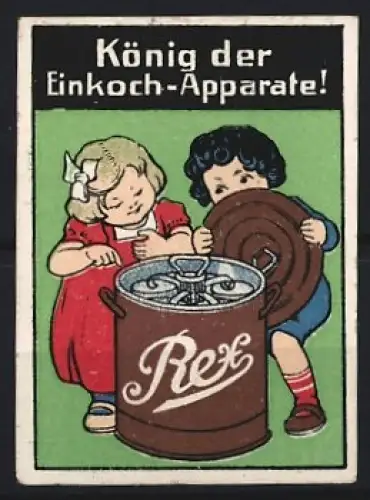 Reklamemarke Rex Einkoch-Apparate, Kinder mit Einkochtopf