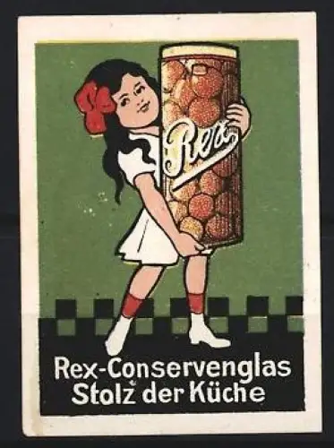 Reklamemarke Rex-Conservenglas, Mädchen mit Glas