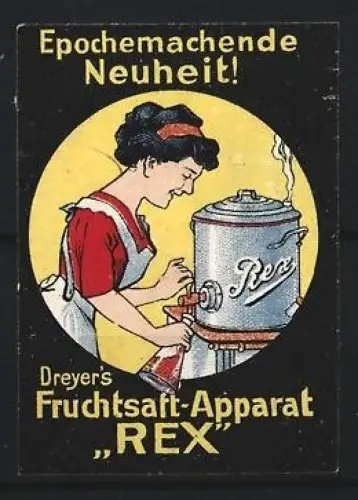 Reklamemarke Dreyer`s Fruchtsaft-Apparat Rex, Frau mit Fruchtentsafter
