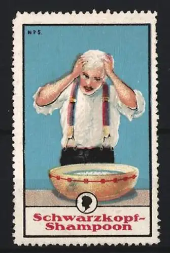 Reklamemarke Schwarzkopf-Shampoon, Mann beim Haarewaschen