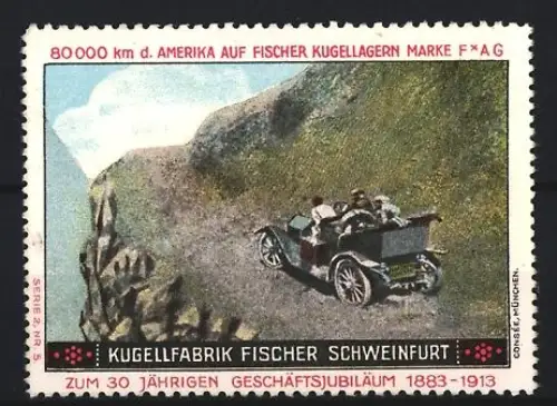 Reklamemarke Schweinfurt, Kugelfabrik Fischer, 30-jähriges Jubiläum, Auto in den Bergen