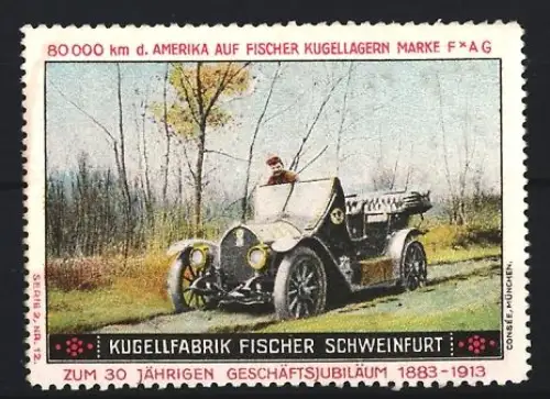 Reklamemarke Schweinfurt, Kugelfabrik Fischer, Automobil auf einer Landstrasse