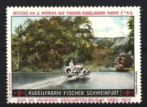 Reklamemarke Schweinfurt, Kugelfabrik Fischer, Jubiläum 1883-1913, Auto im Wasser
